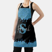 ティール(緑がかった色)ブルー&ブラックモノグラムグリッタードリップ エプロン (インサイチュ)