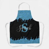 ティール(緑がかった色)ブルー&ブラックモノグラムグリッタードリップ エプロン (正面)