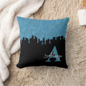 ティール（緑がかった色）ブルー&ブラックモノグラムグリッタードリップ クッション (ブランケット)