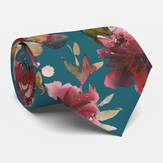 ティール(緑がかった色)ブルー&ブルゴーニュラズベリーピンクピーニー結婚ズ ネクタイ (ロール)