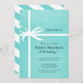 ティール（緑がかった色）ブルー&ホワイトギフト誕生日パーティーの招待状 招待状 (正面/裏面)