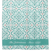 ティール(緑がかった色)ブルー&ホワイトモロッコトレリスタイルプリント シャワーカーテン (正面)