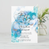 ティール（緑がかった色）ブルー&金ゴールドアルコールインク50th誕生日パーティー 招待状 (スタンド正面)