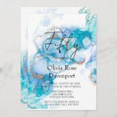 ティール（緑がかった色）ブルー&金ゴールドアルコールインク50th誕生日パーティー 招待状 (正面/裏面)