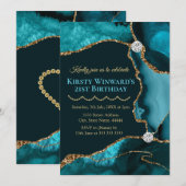 ティール（緑がかった色）ブルー&金ゴールドグリッターアゲート誕生パーティー 招待状 (正面/裏面)