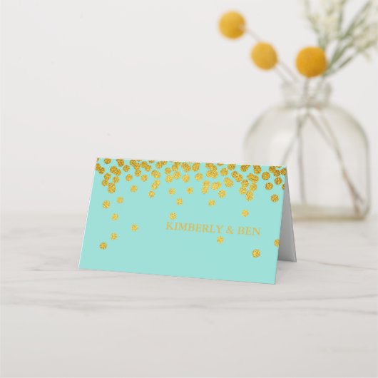 ティール（緑がかった色）ブルー&金ゴールドシャワーパーティーありがとう プレイスカード (正面)