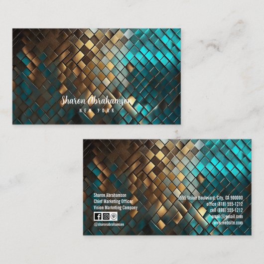 ティール(緑がかった色)ブルー&金ゴールドドラゴンフェイクグリッター 名刺 (正面/裏面)