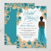 ティール（緑がかった色）ブルー&金ゴールドバラエレガントガウンブライダルシャワー  招待状 (正面/裏面)