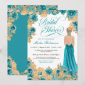 ティール（緑がかった色）ブルー&金ゴールドバラエレガントガウンブライダルシャワー  招待状 (正面/裏面)
