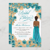ティール(緑がかった色)ブルー&金ゴールドバラエレガントガウンブライダルシャワー  招待状 (正面/裏面)