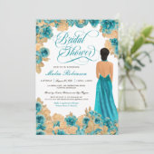 ティール(緑がかった色)ブルー&金ゴールドバラエレガントズガウンブライダルシャワー 招待状 (スタンド正面)