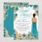 ティール(緑がかった色)ブルー&金ゴールドバラエレガントズガウンブライダルシャワー 招待状 (正面/裏面)