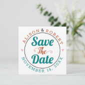 ティール（緑がかった色）ブルー、錆びタイポグラフィの写真 セーブザデート (スタンド正面)