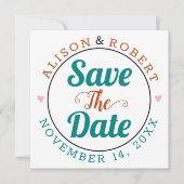 ティール（緑がかった色）ブルー、錆びタイポグラフィの写真 セーブザデート (正面)