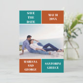 ティール（緑がかった色）ブルー、錆び色ブロック結婚式を保存する日付 セーブザデート (スタンド正面)