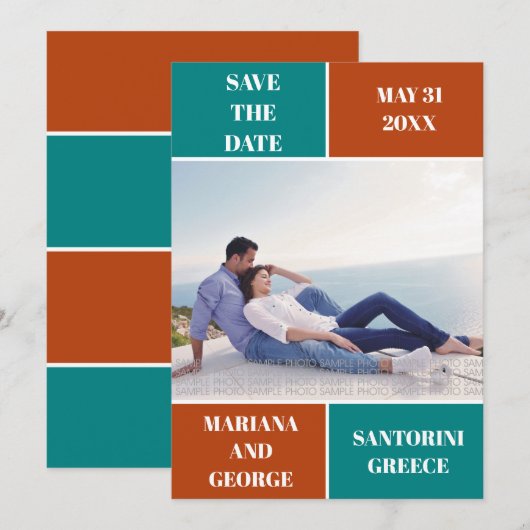 ティール（緑がかった色）ブルー、錆び色ブロック結婚式を保存する日付 セーブザデート (正面/裏面)
