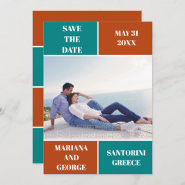 ティール（緑がかった色）ブルー、錆び色ブロック結婚式を保存する日付 セーブザデート