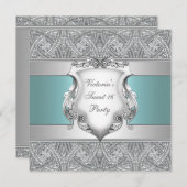 ティール（緑がかった色）ブルーSweet sixteenパーティー 招待状 (正面/裏面)