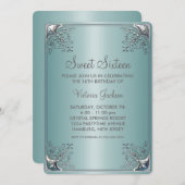 ティール（緑がかった色）ブルーSweet sixteen誕生会 招待状 (正面/裏面)