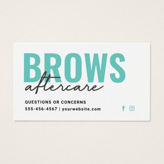 ティール（緑がかった色）ブローズアフターケアPMUブローインストラクションのカード (正面)