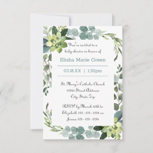 ティール(緑がかった色)ブーケフレーム- 3x5ベビーシャワー招待状 招待状 (正面)