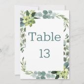 ティール(緑がかった色)ブーケ会話スターター-テーブル番号 招待状 (正面)