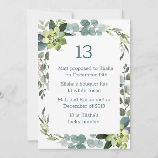 ティール(緑がかった色)ブーケ会話スターター-テーブル番号 招待状 (裏面)