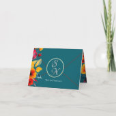 ティール(緑がかった色)ブーケ折結婚り畳み写真サンキューカード サンキューカード (裏面)