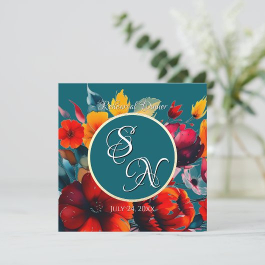 ティール（緑がかった色）ブーケ結婚のリハーサル招待状 招待状 (スタンド正面)