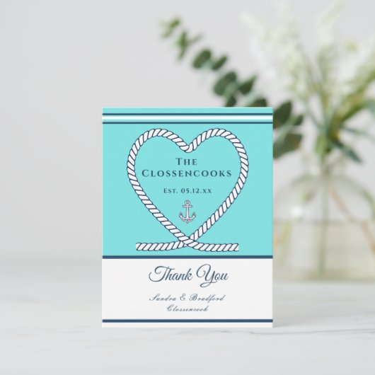 ティール(緑がかった色)ブ航海のループハート結婚いかり サンキューカード (スタンド正面)