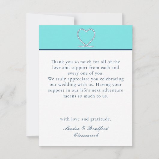 ティール（緑がかった色）ブ航海のループハート結婚いかり サンキューカード (裏面)