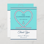 ティール(緑がかった色)ブ航海のループハート結婚いかり サンキューカード (正面/裏面)