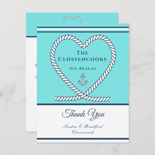 ティール（緑がかった色）ブ航海のループハート結婚いかり サンキューカード (正面/裏面)