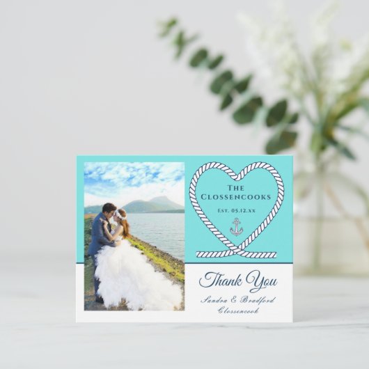 ティール(緑がかった色)ブ航海のループハート結婚いかり サンキューカード (スタンド正面)