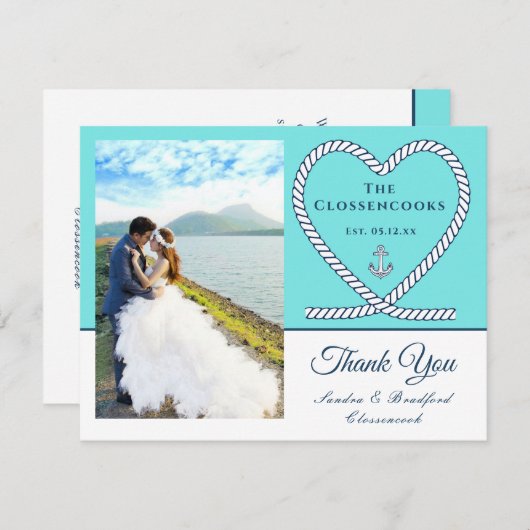ティール（緑がかった色）ブ航海のループハート結婚いかり サンキューカード (正面/裏面)