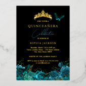 ティール（緑がかった色）ブ鮮やかルーブラックバタフライキンセアニェラ 箔招待状 (正面)