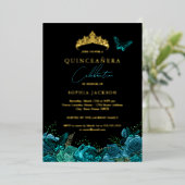 ティール（緑がかった色）ブ鮮やかルーブラックバタフライキンセアニェラ 箔招待状 (立ち正面)