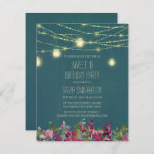 ティール(緑がかった色)プラムパープルフローラストリングライトスウィート16 招待状 (正面/裏面)