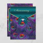 ティール（緑がかった色）プラムピーコック婚約発表 案内状 (正面/裏面)