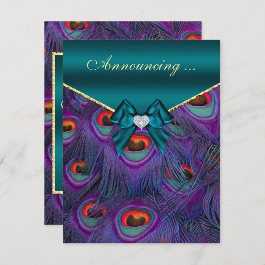 ティール（緑がかった色）プラムピーコック婚約発表 案内状 (正面/裏面)