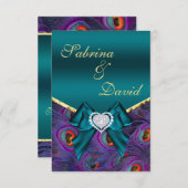 ティール（緑がかった色）プラムピーコック披露宴カード 出欠カード (正面/裏面)