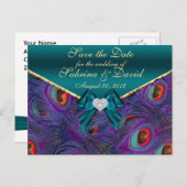 ティール（緑がかった色）プラムピーコック日付はがきを保存 案内ポストカード (正面/裏面)