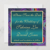 ティール(緑がかった色)プラムピーコック日付を保存 セーブザデート (裏面)