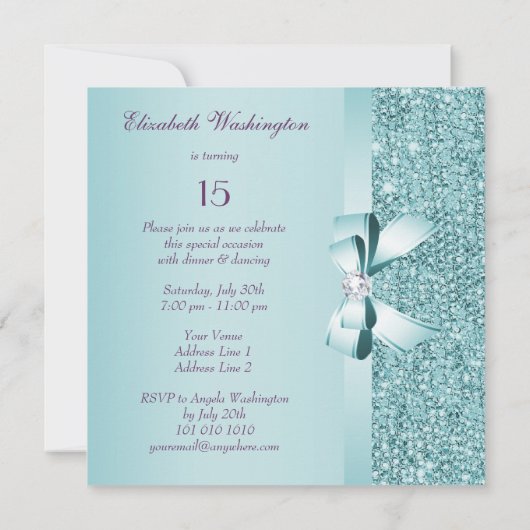 ティール(緑がかった色)プリントシークイン&ボウキンセアニェラ 招待状 (裏面)