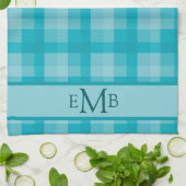 ティール（緑がかった色）プレイドカスタムモノグラムイニシャル キッチンタオル (折り畳み)