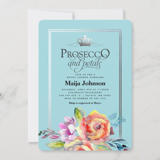 ティール(緑がかった色)プロセッコと花びらブライダルシャワー招待 招待状 (正面)