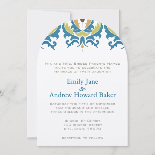 ティール（緑がかった色）ヘーゼルナッツグリーンリーダマスクウェディング招待状 招待状 (正面)
