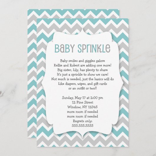 ティール（緑がかった色）ベビー散水器/ニュートラル性赤ちゃんシャワー 招待状 (正面/裏面)