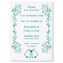 ティール（緑がかった色）ベルズスクロールワークデザインウェディング日付を保存