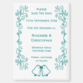 ティール（緑がかった色）ベルズスクロールワークデザインウェディング日付を保存 マグネット